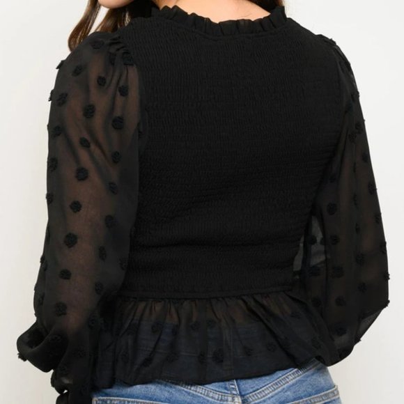 WOMEN'S SMOCKED LONG SLEEVE PEPLUM TOP - Picture 2 of 3